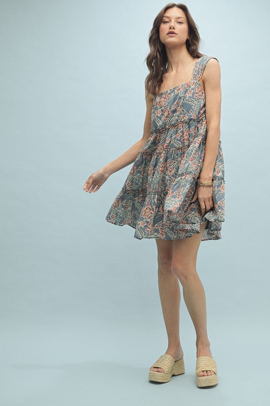 Floral Tiered Mini Dress - Teal-dress- Hometown Style HTS, women's in store and online boutique located in Ingersoll, Ontario