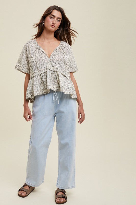 Floral Babydoll Blouse - Charcoal/Cream-blouse- Hometown Style HTS, women's in store and online boutique located in Ingersoll, Ontario
