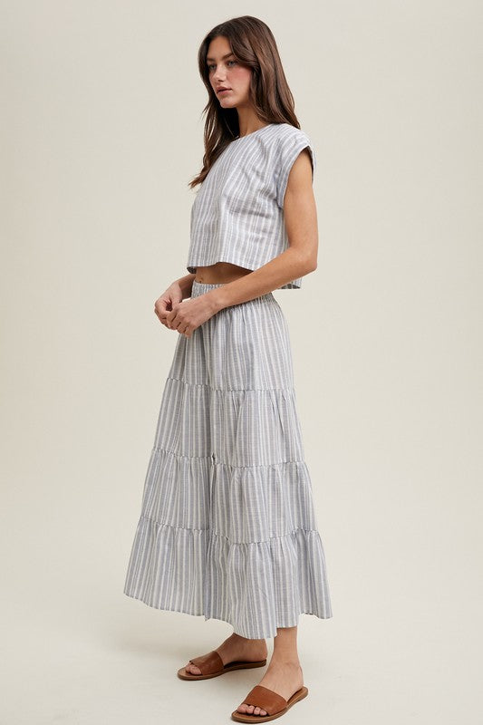 Striped Relaxed Crop top and Skirt Set - Blue-set- Hometown Style HTS, women's in store and online boutique located in Ingersoll, Ontario