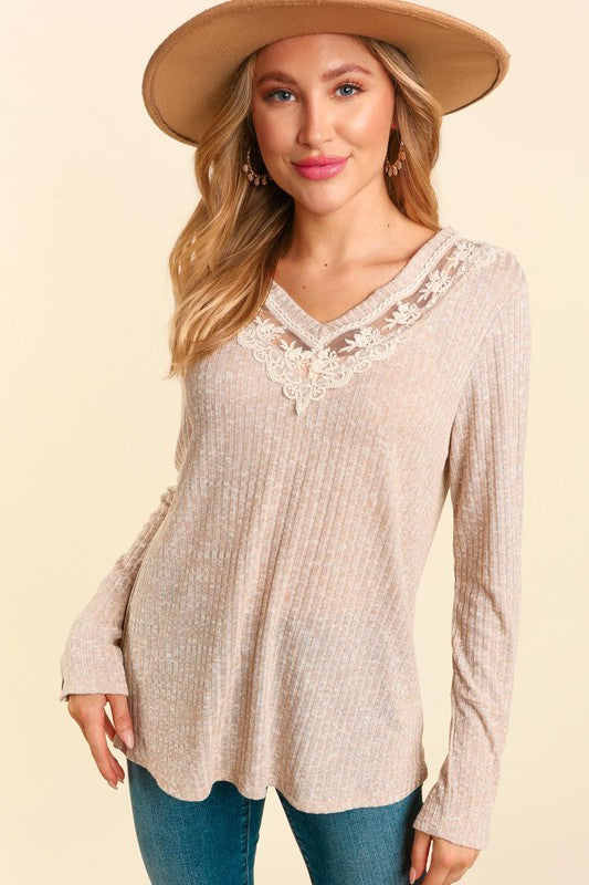 Lace Detail, V Neck Top - Latte-casual shirt- Hometown Style HTS, women's in store and online boutique located in Ingersoll, Ontario