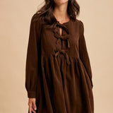 Bow Tie Corduroy Mini Dress - Chocolate-Casual Dresses- Hometown Style HTS, women's in store and online boutique located in Ingersoll, Ontario