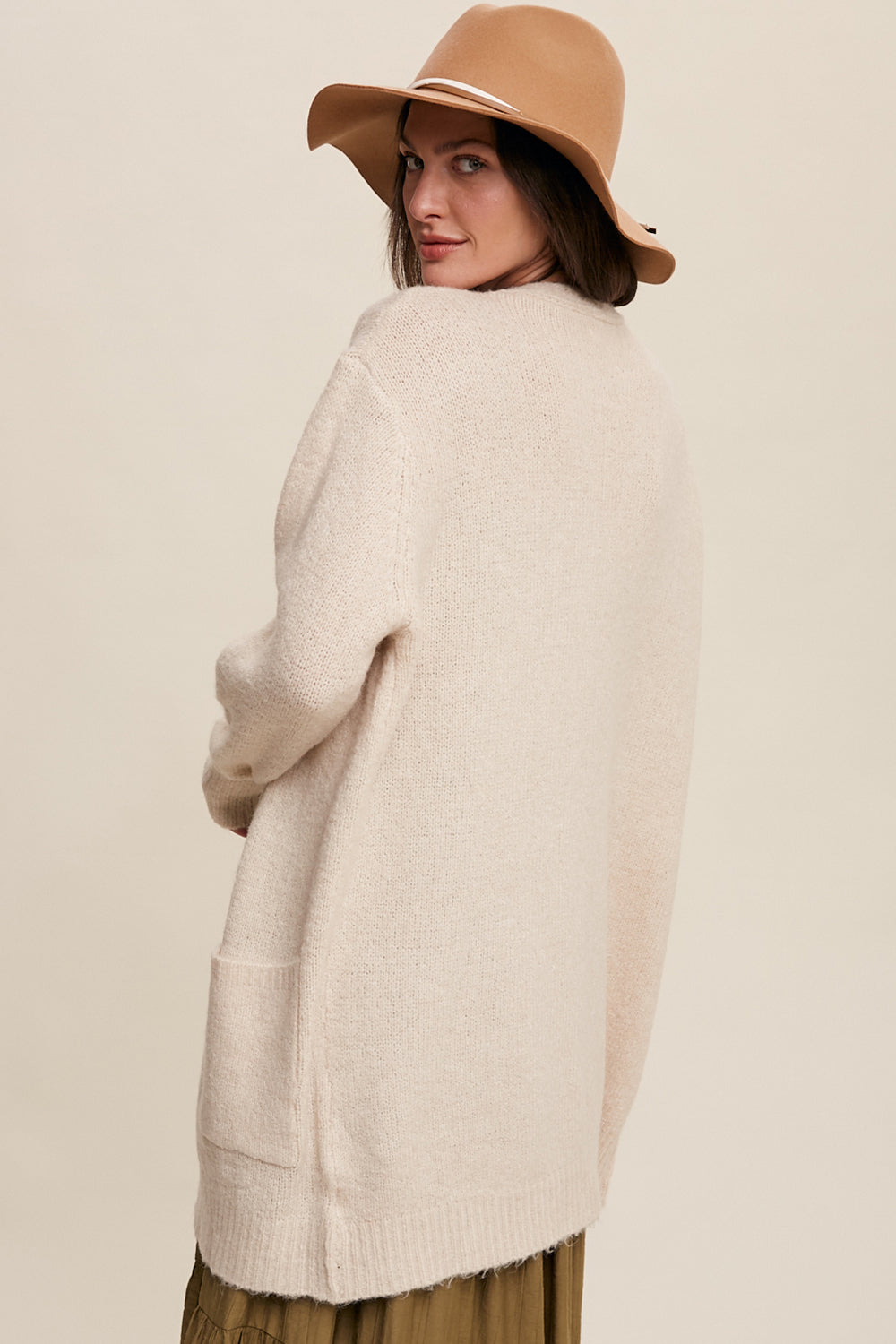 Open Front, Two Pocket Cardigan - Natural-Sweater- Hometown Style HTS, women's in store and online boutique located in Ingersoll, Ontario