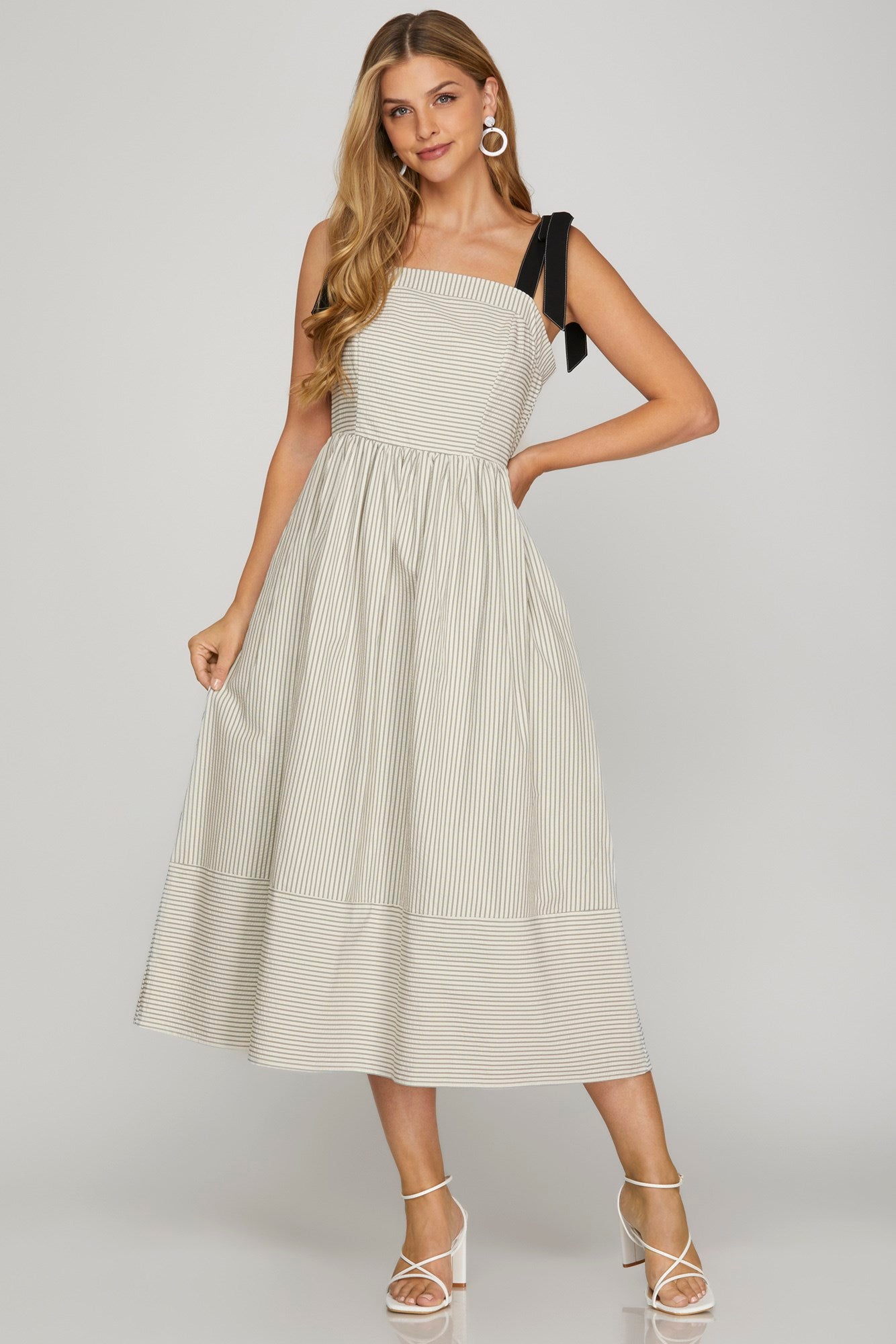 Ribbon Strap Striped Midi Dress - Off White-Dresses- Hometown Style HTS, women's in store and online boutique located in Ingersoll, Ontario