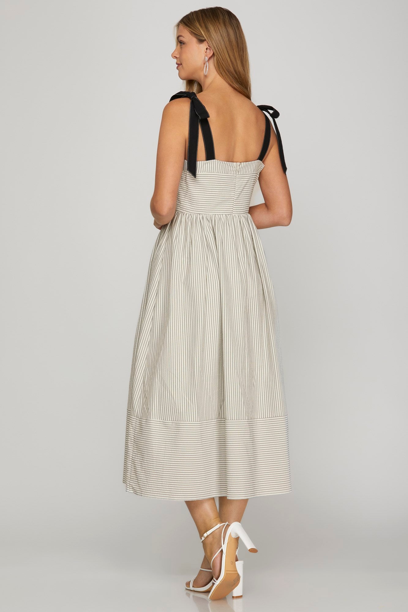 Ribbon Strap Striped Midi Dress - Off White-Dresses- Hometown Style HTS, women's in store and online boutique located in Ingersoll, Ontario