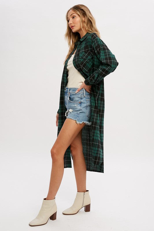 Long Plaid Shirt - Green-Shirts & Tops- Hometown Style HTS, women's in store and online boutique located in Ingersoll, Ontario