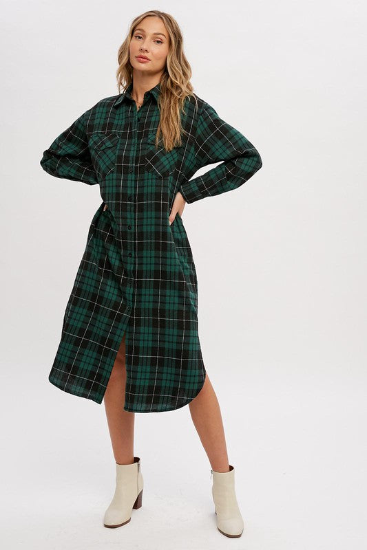 Long Plaid Shirt - Green-Shirts & Tops- Hometown Style HTS, women's in store and online boutique located in Ingersoll, Ontario