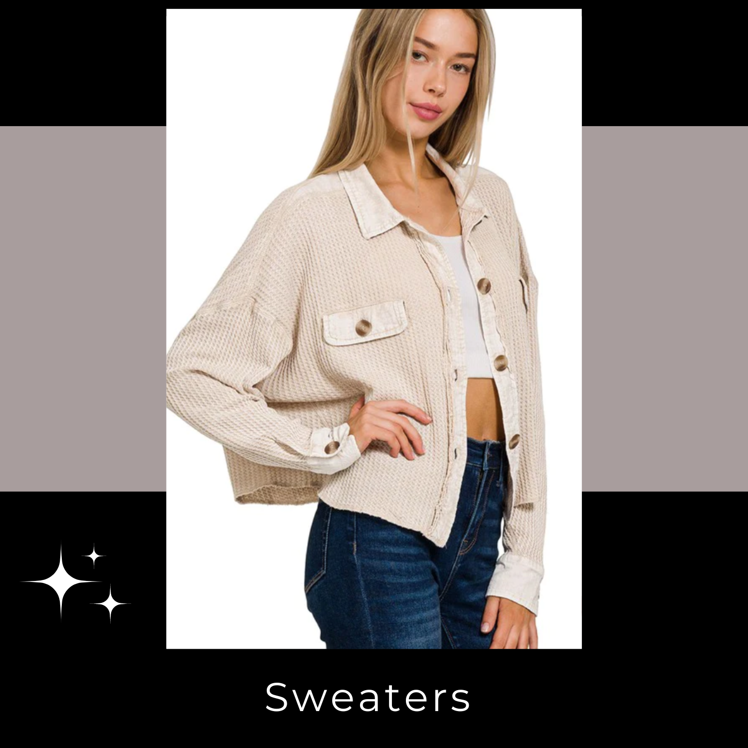 Women's clothing store - Hometown Style, Ingersoll Ontario - women featured in chunky knitted cardigan with pearl accents for fall/winter