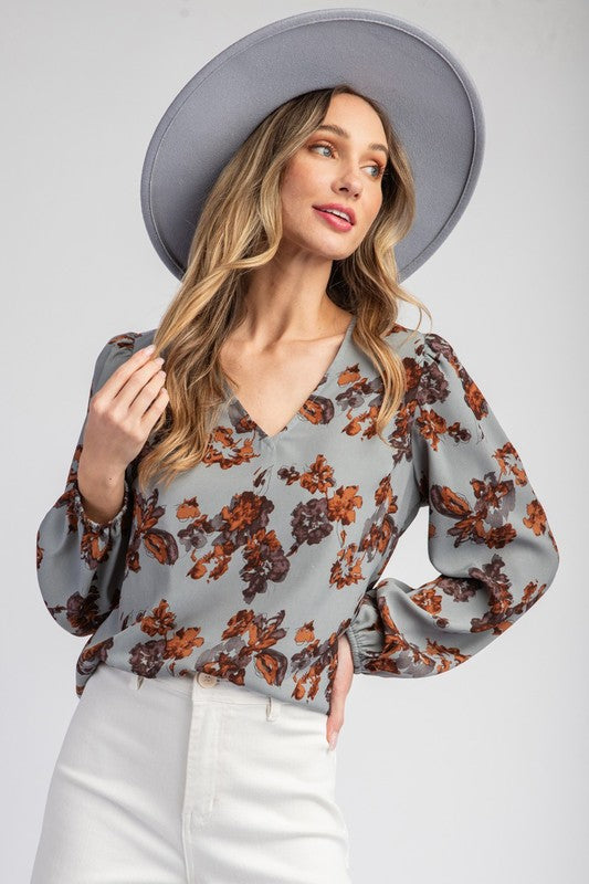 Floral Long Sleeve Top - Blue-blouse- Hometown Style HTS, women's in store and online boutique located in Ingersoll, Ontario