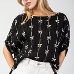 Bow Printed Top - Black-blouse- Hometown Style HTS, women's in store and online boutique located in Ingersoll, Ontario