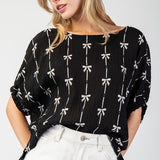 Bow Printed Top - Black-blouse- Hometown Style HTS, women's in store and online boutique located in Ingersoll, Ontario