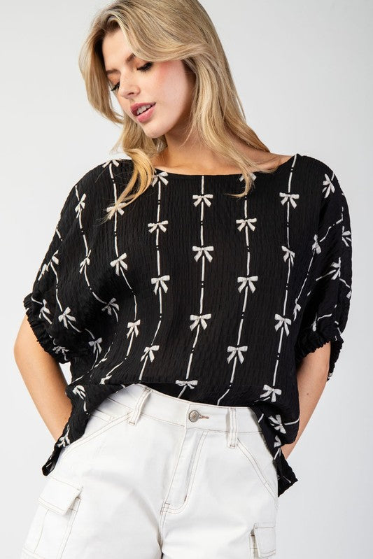 Bow Printed Top - Black-blouse- Hometown Style HTS, women's in store and online boutique located in Ingersoll, Ontario