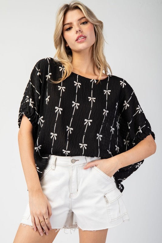 Bow Printed Top - Black-blouse- Hometown Style HTS, women's in store and online boutique located in Ingersoll, Ontario