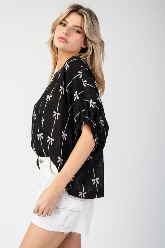 Bow Printed Top - Black-blouse- Hometown Style HTS, women's in store and online boutique located in Ingersoll, Ontario