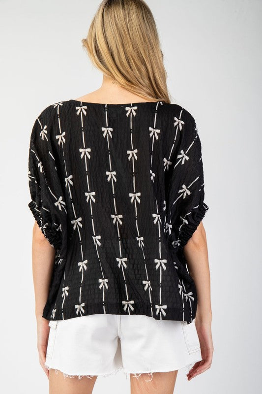 Bow Printed Top - Black-blouse- Hometown Style HTS, women's in store and online boutique located in Ingersoll, Ontario