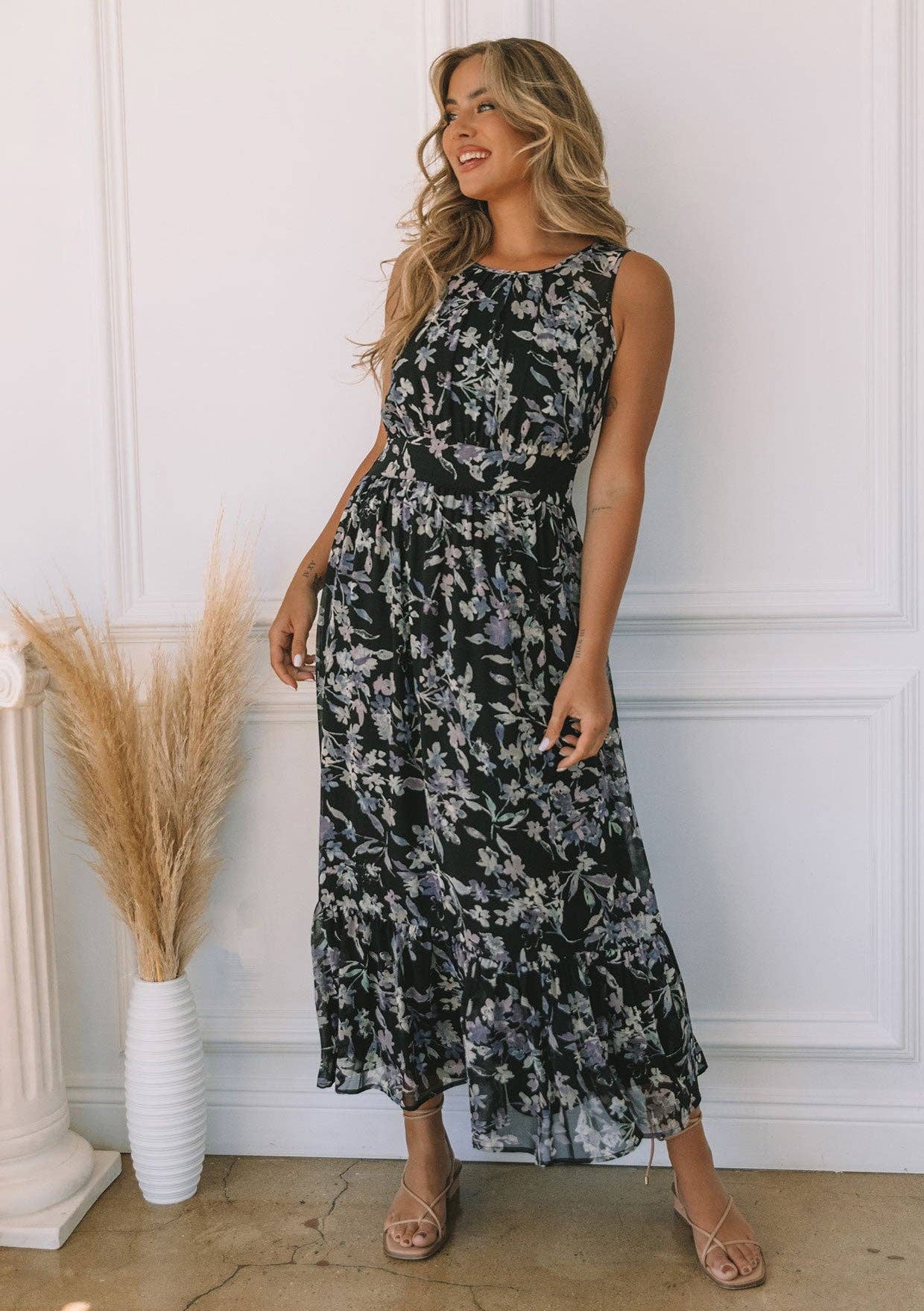 Floral Open Back Maxi Dress - Black-dress- Hometown Style HTS, women's in store and online boutique located in Ingersoll, Ontario