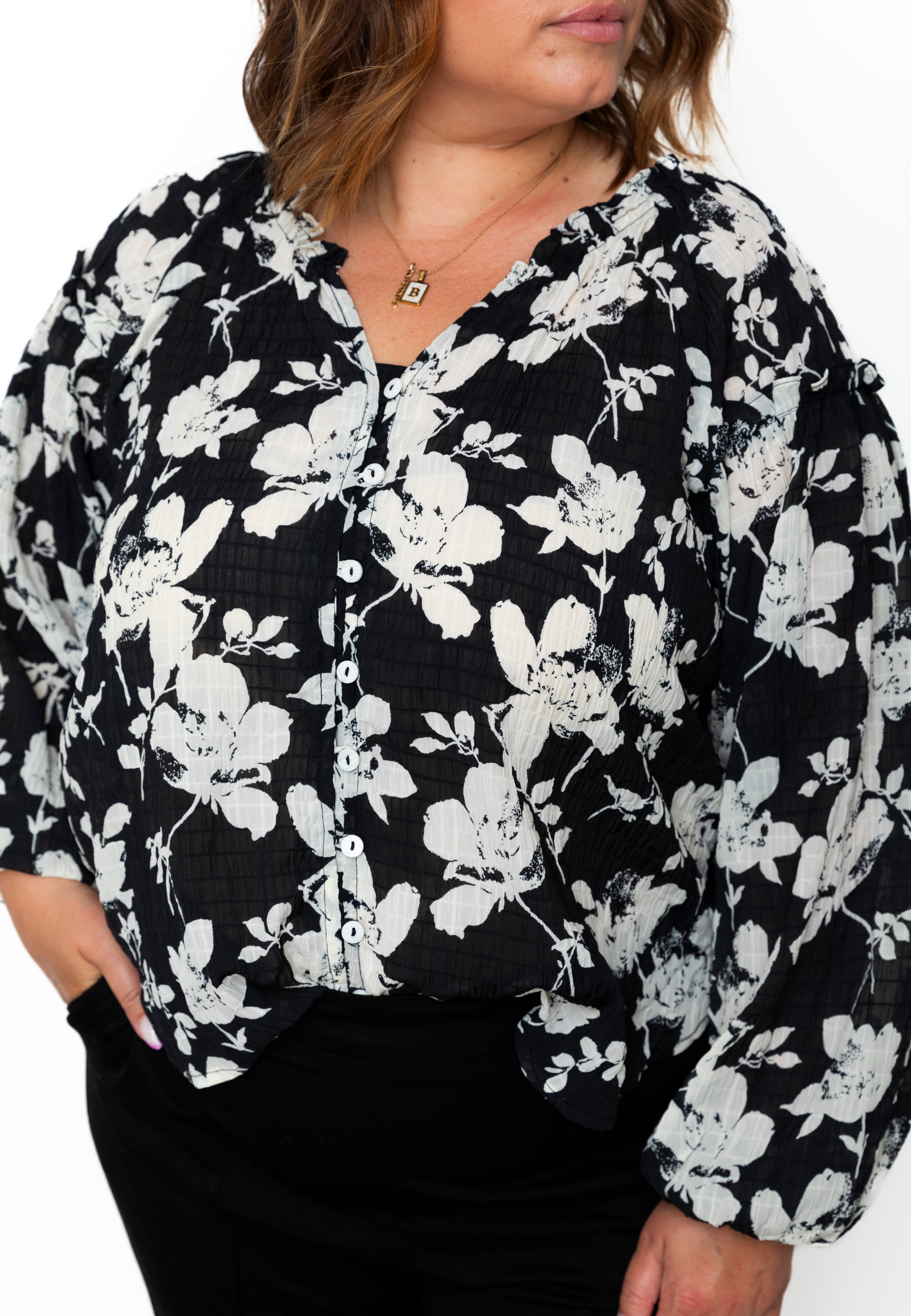 Floral Crinkle Fabric Blouse - Black-blouse- Hometown Style HTS, women's in store and online boutique located in Ingersoll, Ontario