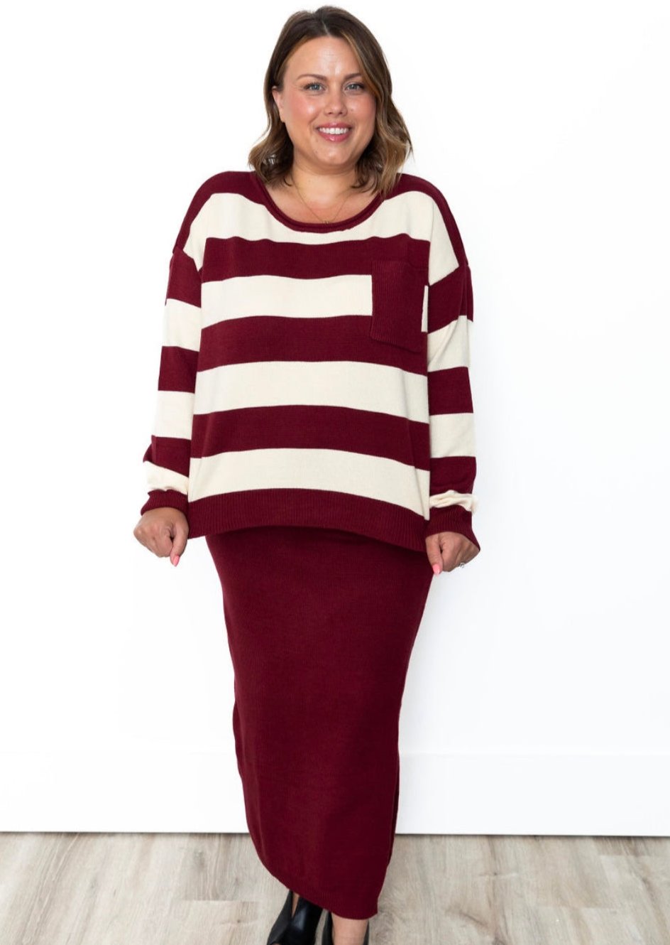 Striped Sweater & Knit Pencil Skirt - Burgundy-set- Hometown Style HTS, women's in store and online boutique located in Ingersoll, Ontario