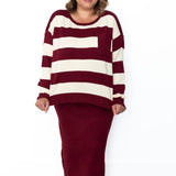 Striped Sweater & Knit Pencil Skirt - Burgundy-set- Hometown Style HTS, women's in store and online boutique located in Ingersoll, Ontario