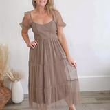 Organza Puff Sleeve Midi Dress - Mocha-dress- Hometown Style HTS, women's in store and online boutique located in Ingersoll, Ontario