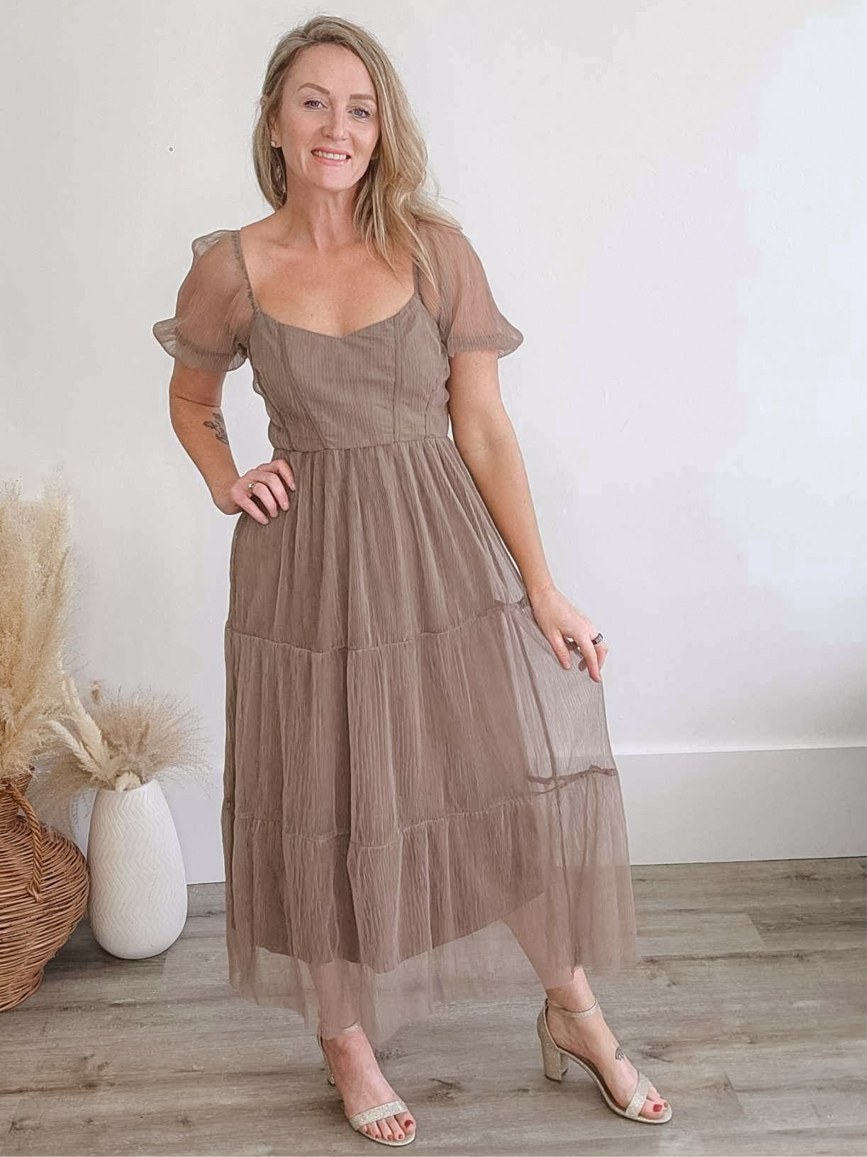 Organza Puff Sleeve Midi Dress - Mocha-dress- Hometown Style HTS, women's in store and online boutique located in Ingersoll, Ontario