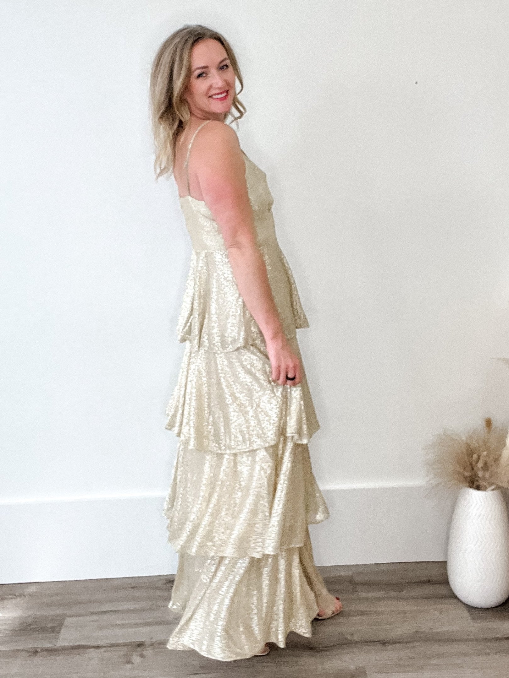 Lurex Gold Tiered Maxi Dress-dress- Hometown Style HTS, women's in store and online boutique located in Ingersoll, Ontario