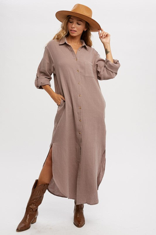 Cotton Maxi Shirt Dress - Mushroom-Dress- Hometown Style HTS, women's in store and online boutique located in Ingersoll, Ontario