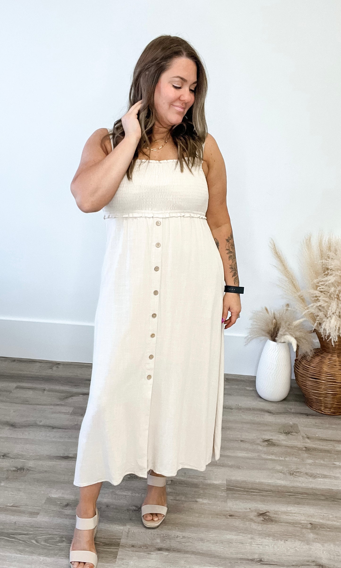 Smocked Linen Midi Dress - Natural-Dresses- Hometown Style HTS, women's in store and online boutique located in Ingersoll, Ontario