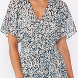 Floral Chiffon V Neck Midi Dress - Blue-Dress- Hometown Style HTS, women's in store and online boutique located in Ingersoll, Ontario