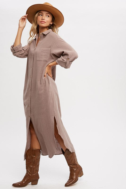 Cotton Maxi Shirt Dress - Mushroom-Dress- Hometown Style HTS, women's in store and online boutique located in Ingersoll, Ontario