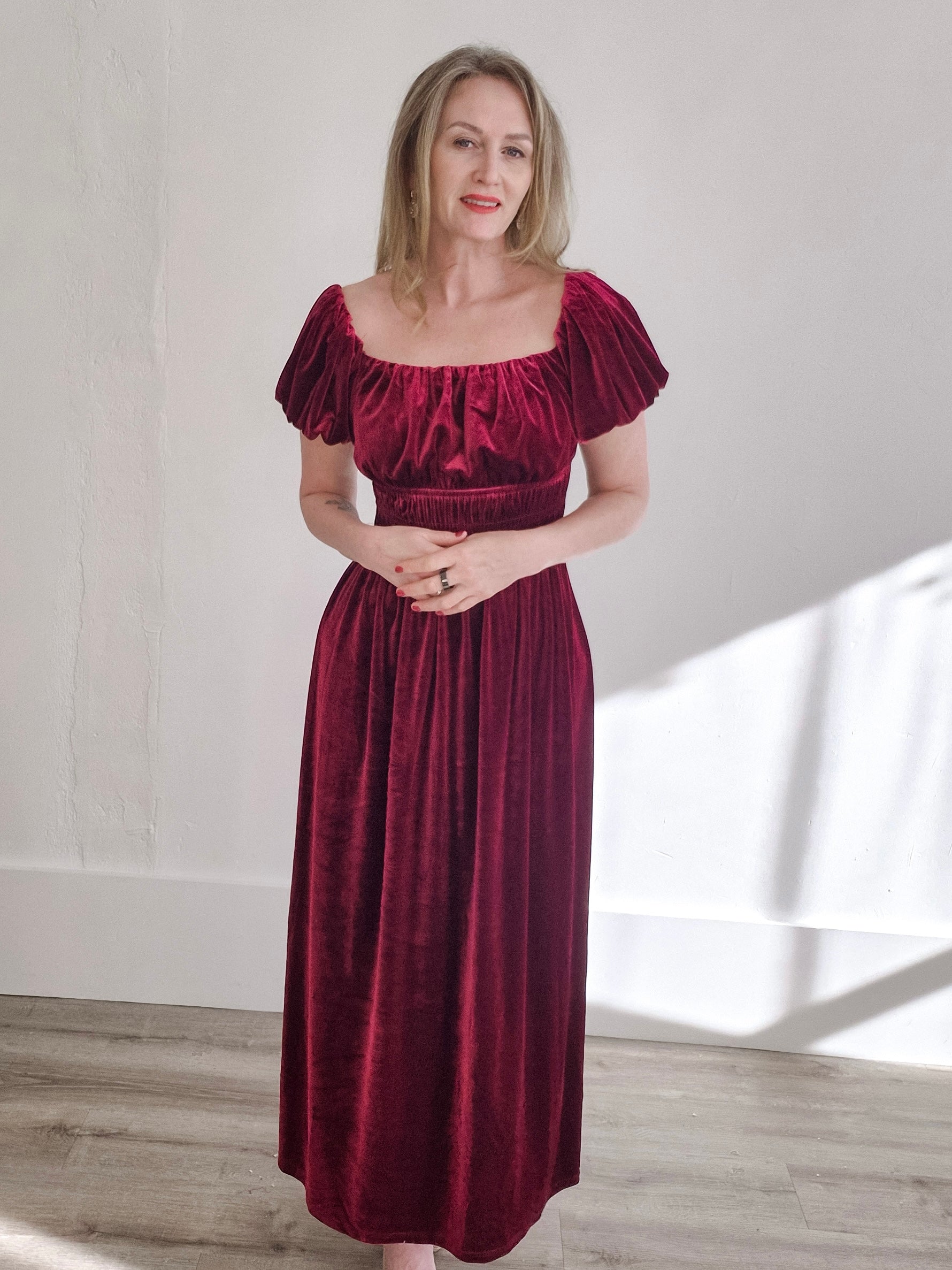Square Neck Velvet Dress - Wine-Special Occasion Dresses- Hometown Style HTS, women's in store and online boutique located in Ingersoll, Ontario