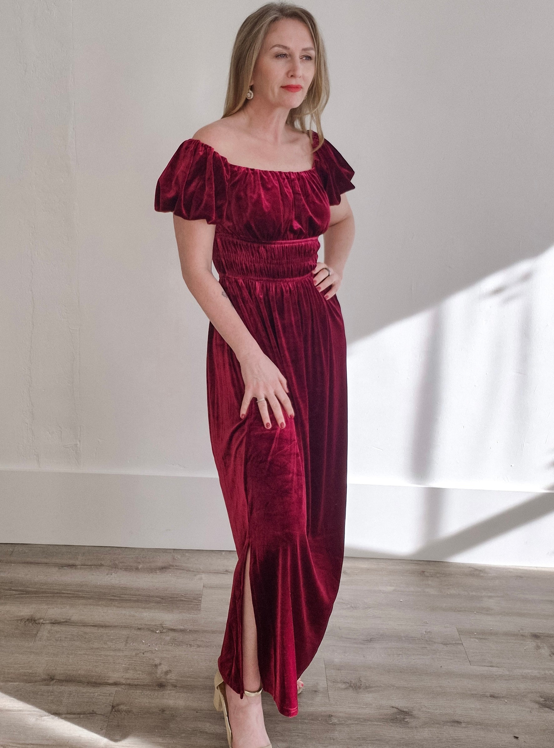 Square Neck Velvet Dress - Wine-Special Occasion Dresses- Hometown Style HTS, women's in store and online boutique located in Ingersoll, Ontario