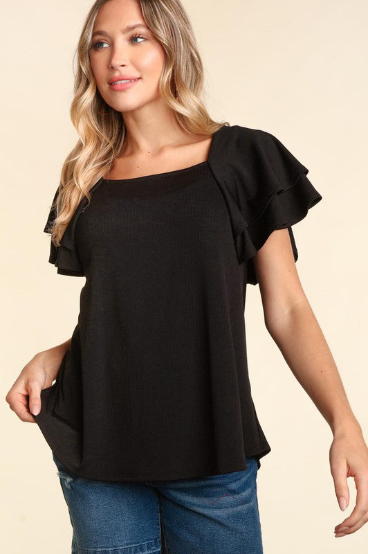 Square Neck, Ruffle Sleeve Blouse - Black-blouse- Hometown Style HTS, women's in store and online boutique located in Ingersoll, Ontario