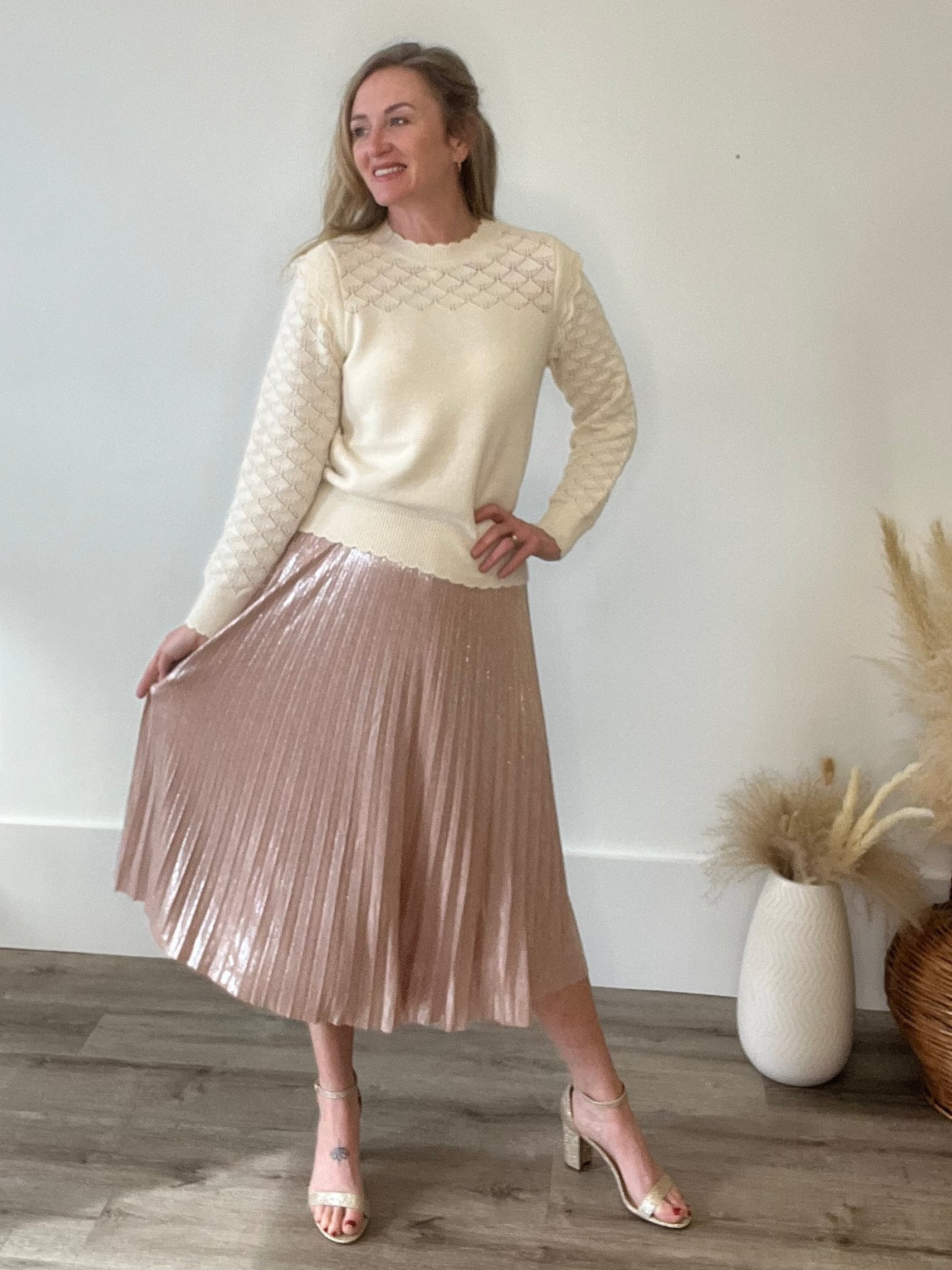 Pleated Midi Skirt - Blush-Skirt- Hometown Style HTS, women's in store and online boutique located in Ingersoll, Ontario