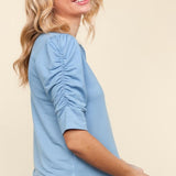 Round Neck Shirring Detail Top - Blue-Tops- Hometown Style HTS, women's in store and online boutique located in Ingersoll, Ontario