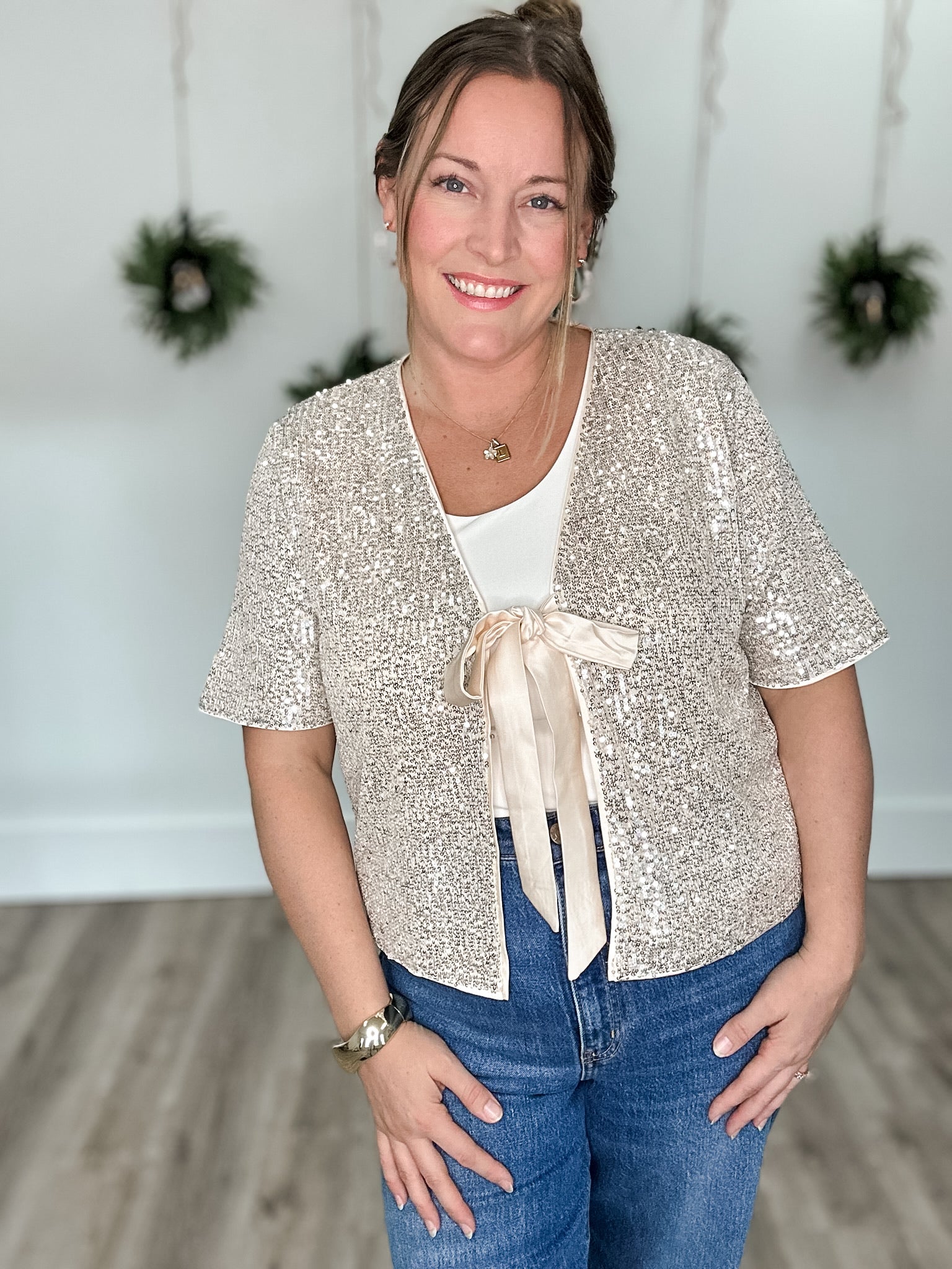 Sequin Bow Detail Top - Champagne-Blouses- Hometown Style HTS, women's in store and online boutique located in Ingersoll, Ontario