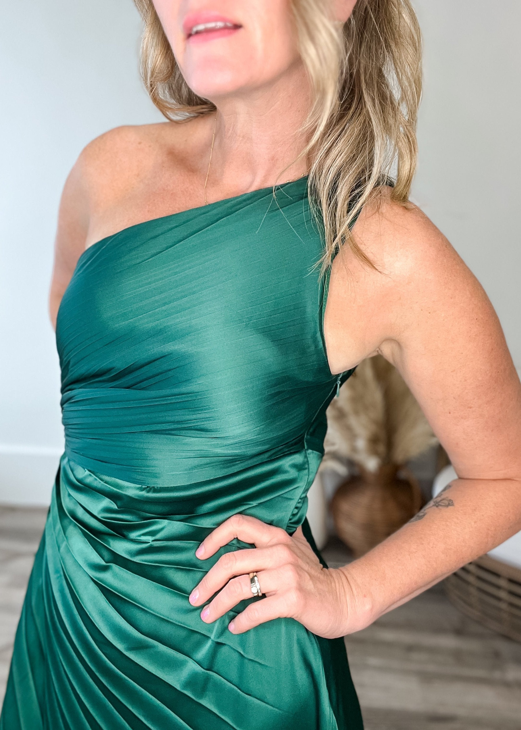 One Shoulder Pleated Dress - Sea Green-dresses- Hometown Style HTS, women's in store and online boutique located in Ingersoll, Ontario