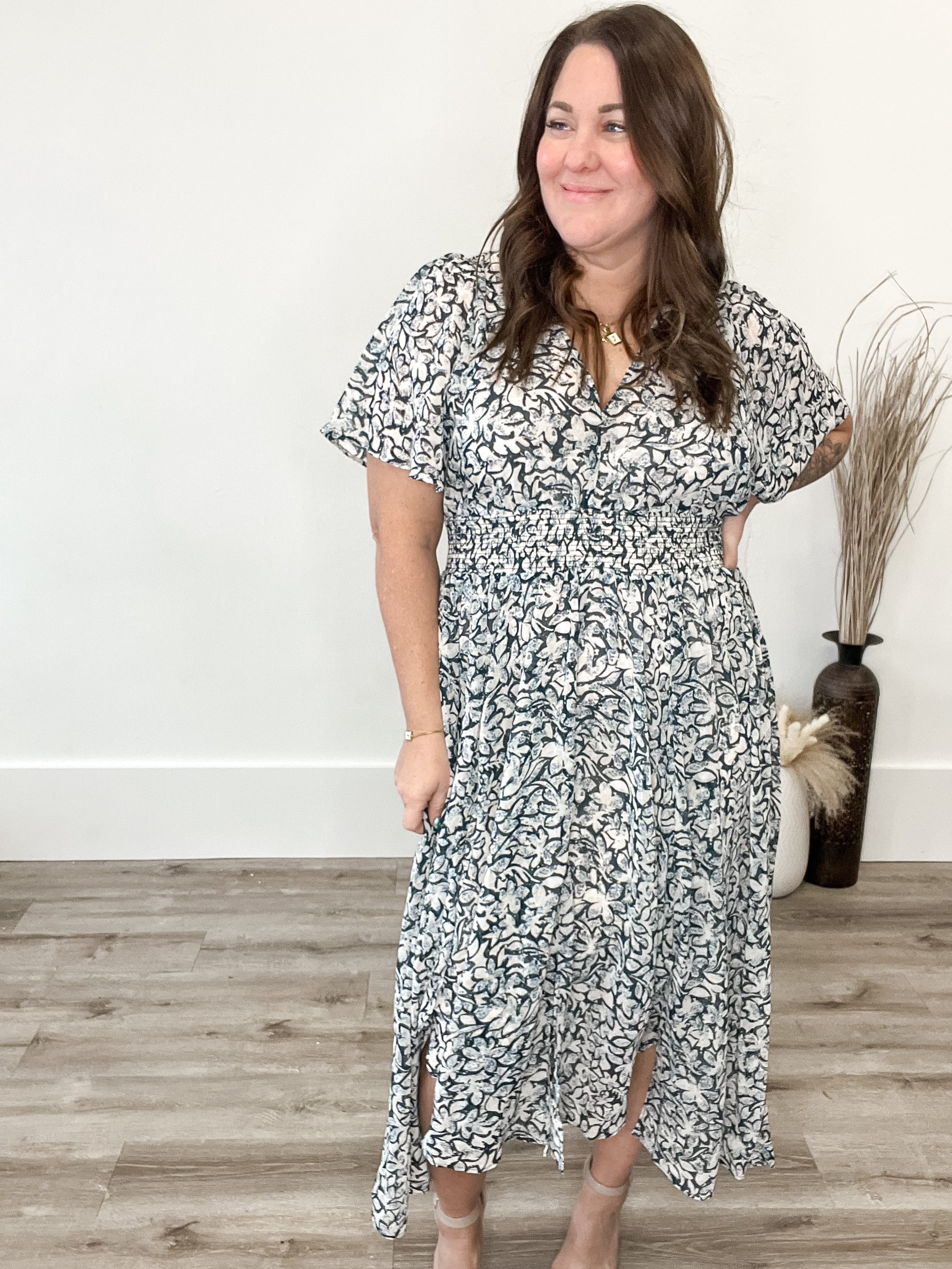 Floral Chiffon V Neck Midi Dress - Blue-Dress- Hometown Style HTS, women's in store and online boutique located in Ingersoll, Ontario