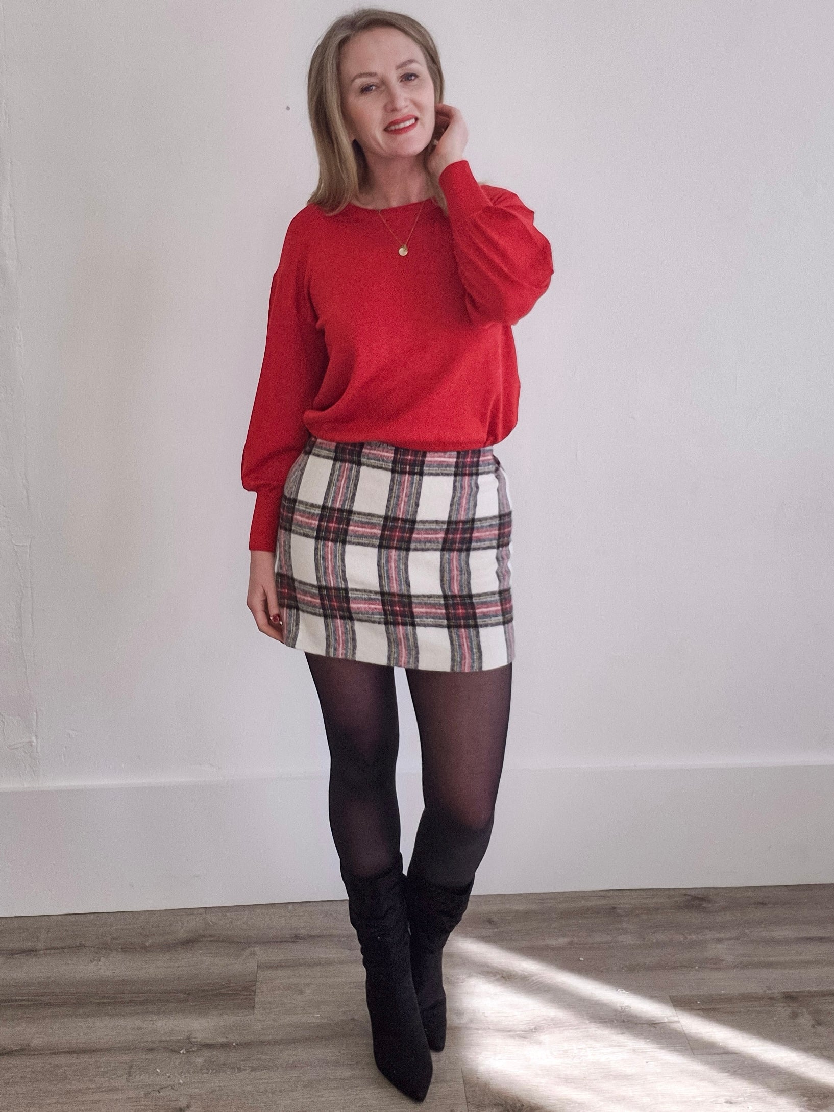 Holiday Plaid Skirt - Cream-skirt- Hometown Style HTS, women's in store and online boutique located in Ingersoll, Ontario