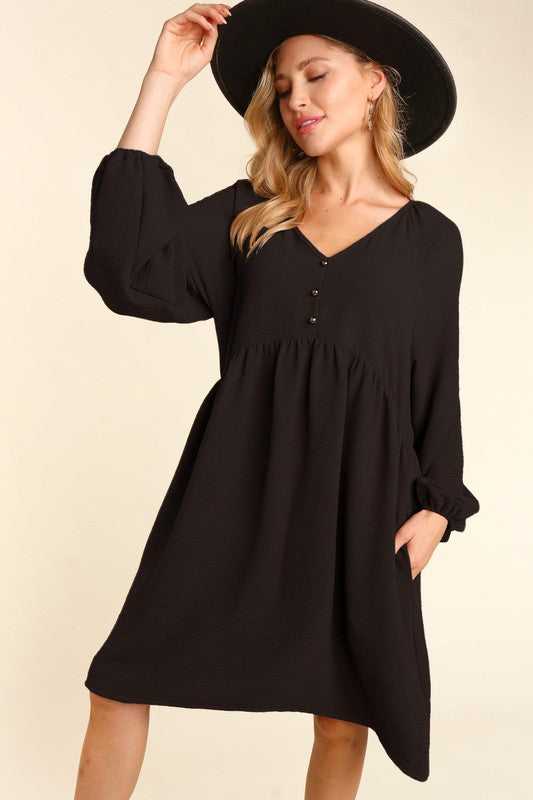 Long Sleeve Babydoll Dress - Black-Dress- Hometown Style HTS, women's in store and online boutique located in Ingersoll, Ontario