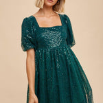 Babydoll Holiday Mini Dress - Evergreen-Dress- Hometown Style HTS, women's in store and online boutique located in Ingersoll, Ontario