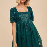 Babydoll Holiday Mini Dress - Evergreen-Dress- Hometown Style HTS, women's in store and online boutique located in Ingersoll, Ontario