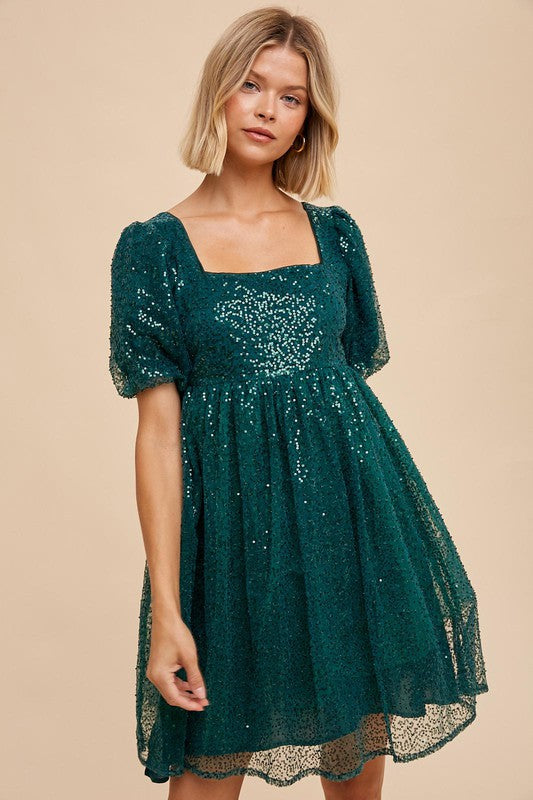 Babydoll Holiday Mini Dress - Evergreen-Dress- Hometown Style HTS, women's in store and online boutique located in Ingersoll, Ontario