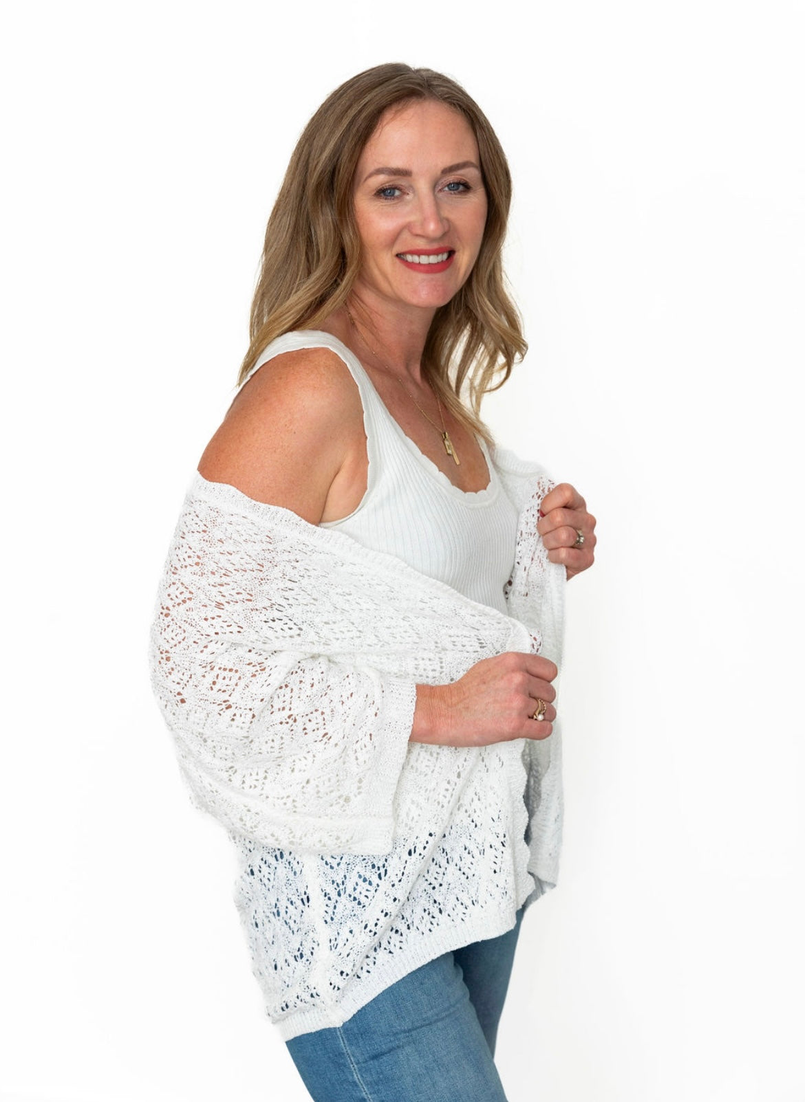 Crochet Half Sleeve Cardigan - White-cardigan- Hometown Style HTS, women's in store and online boutique located in Ingersoll, Ontario