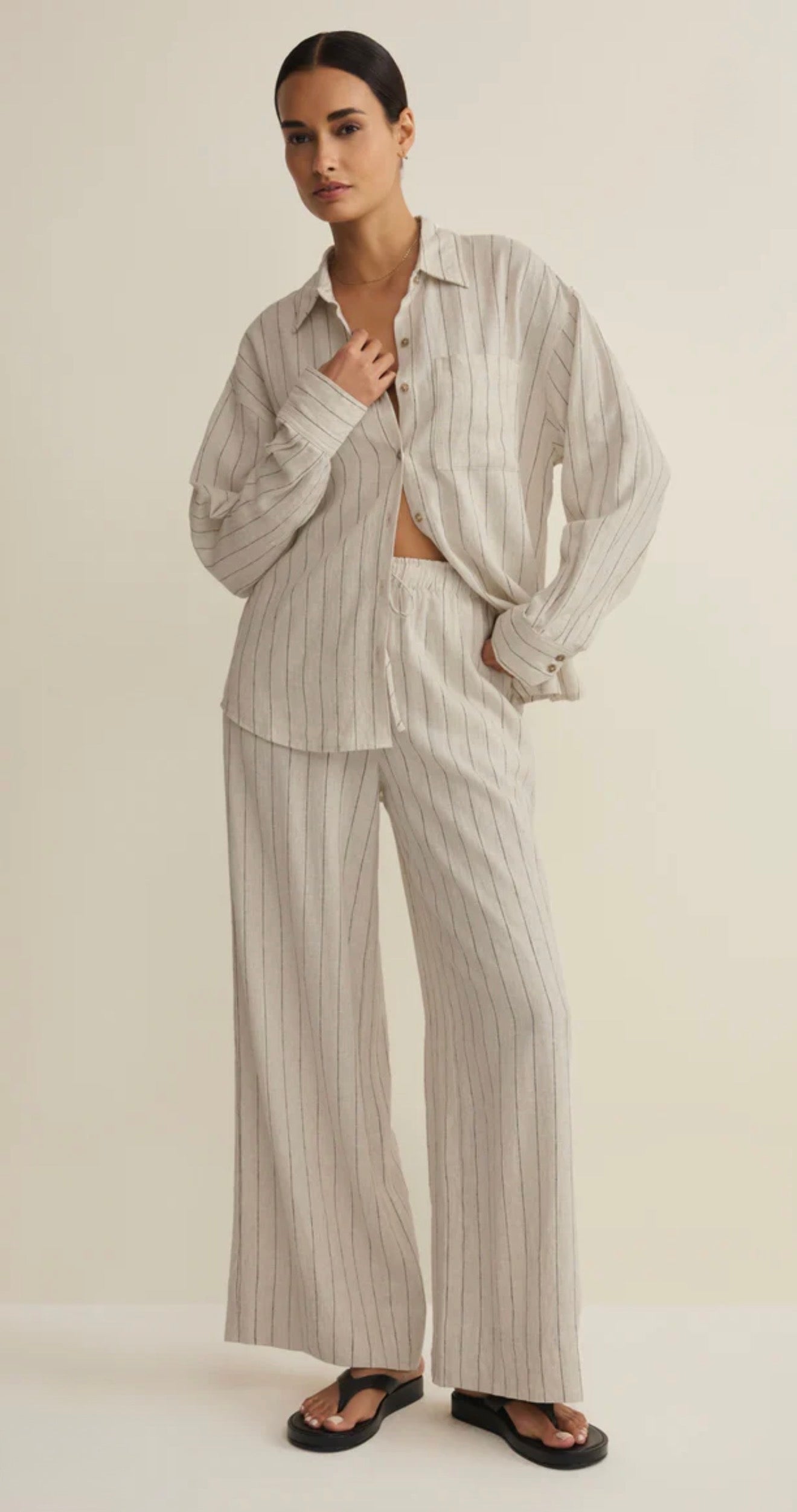 HENRI STRIPED WIDE LEG PANT - LINEN-Bottoms- Hometown Style HTS, women's in store and online boutique located in Ingersoll, Ontario