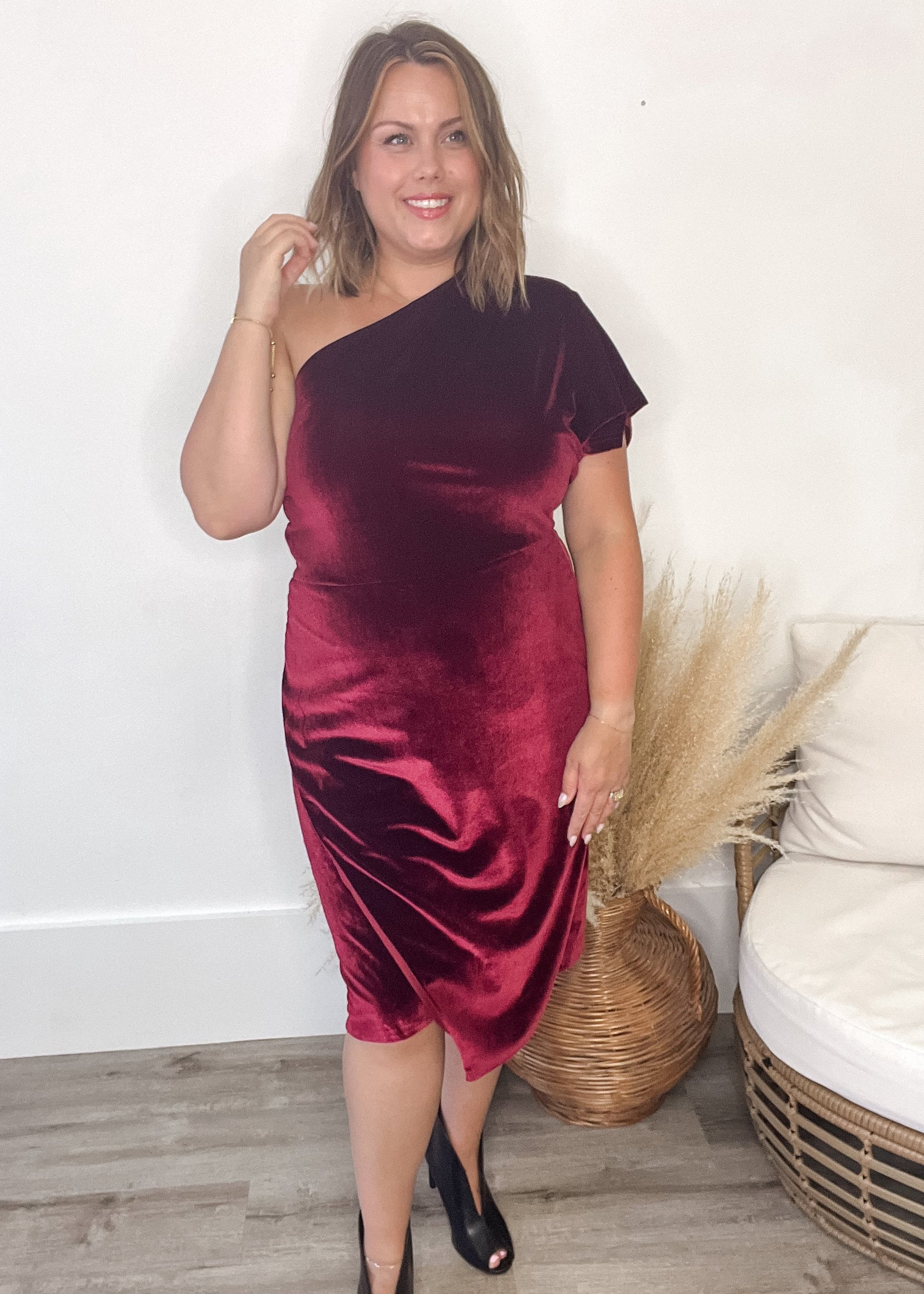 One Shoulder Velvet Wrap Dress - Wine-dresses- Hometown Style HTS, women's in store and online boutique located in Ingersoll, Ontario