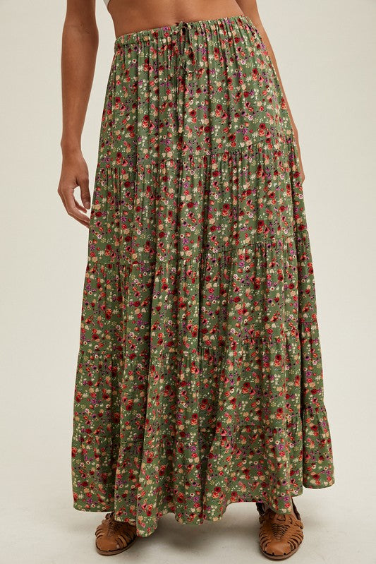 Tiered Floral Maxi Skirt - Green-skirt- Hometown Style HTS, women's in store and online boutique located in Ingersoll, Ontario