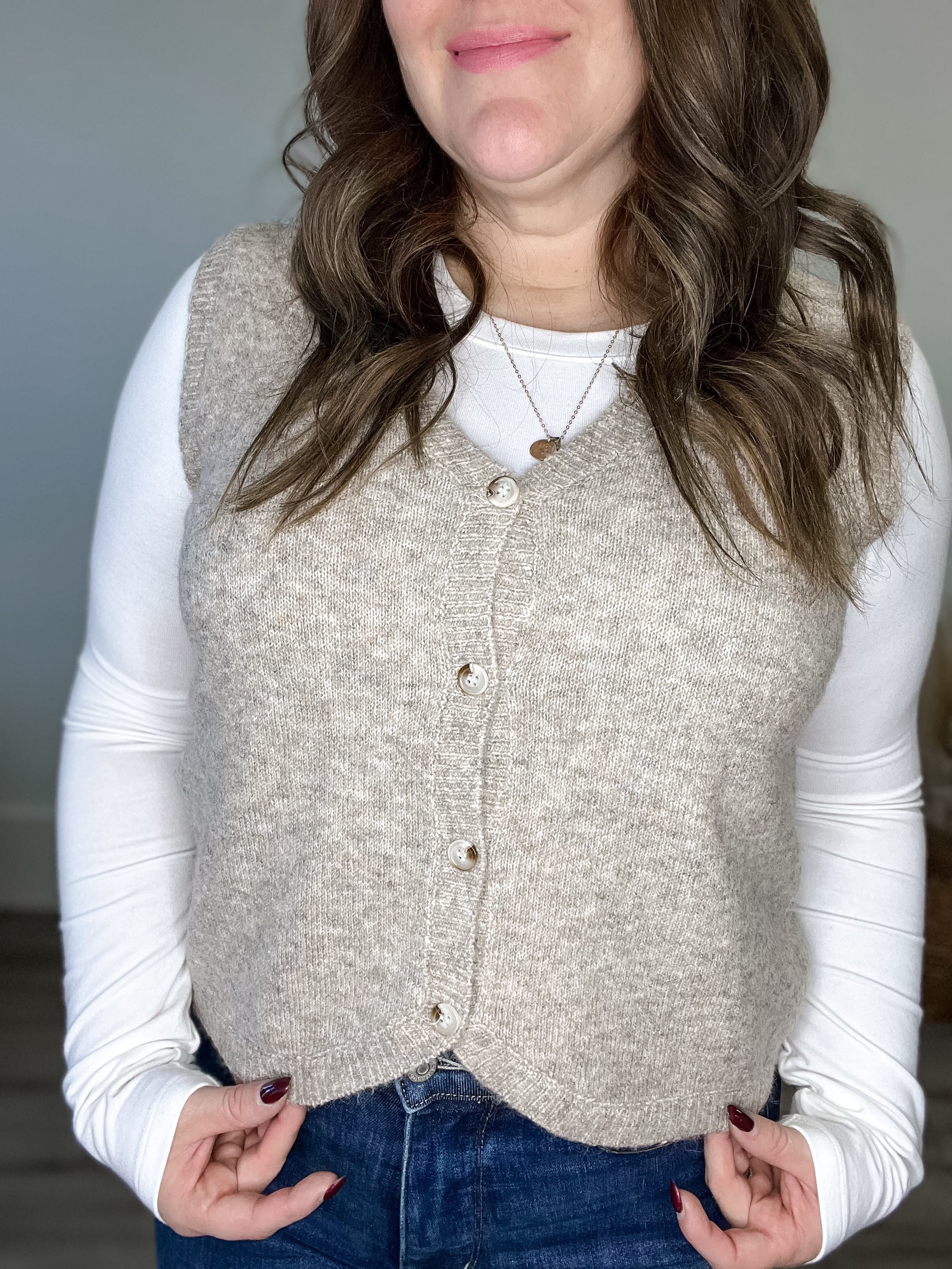 Brushed Button Up Sweater Vest - Taupe-vest- Hometown Style HTS, women's in store and online boutique located in Ingersoll, Ontario