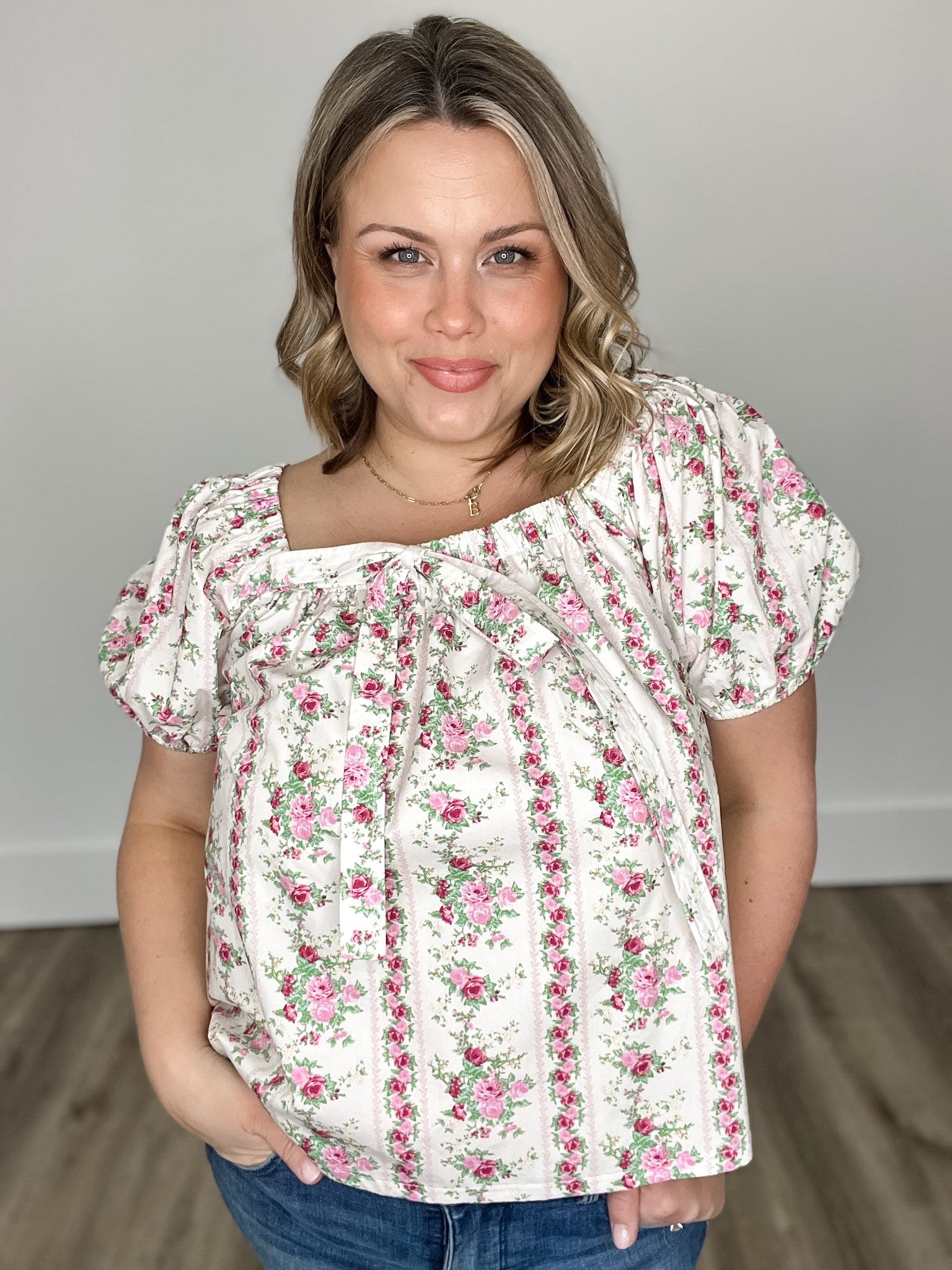 Floral Puff Sleeve Blouse - Pink-Tops- Hometown Style HTS, women's in store and online boutique located in Ingersoll, Ontario