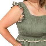 Ruffle detail, Midi Dress - Olive-Dress- Hometown Style HTS, women's in store and online boutique located in Ingersoll, Ontario