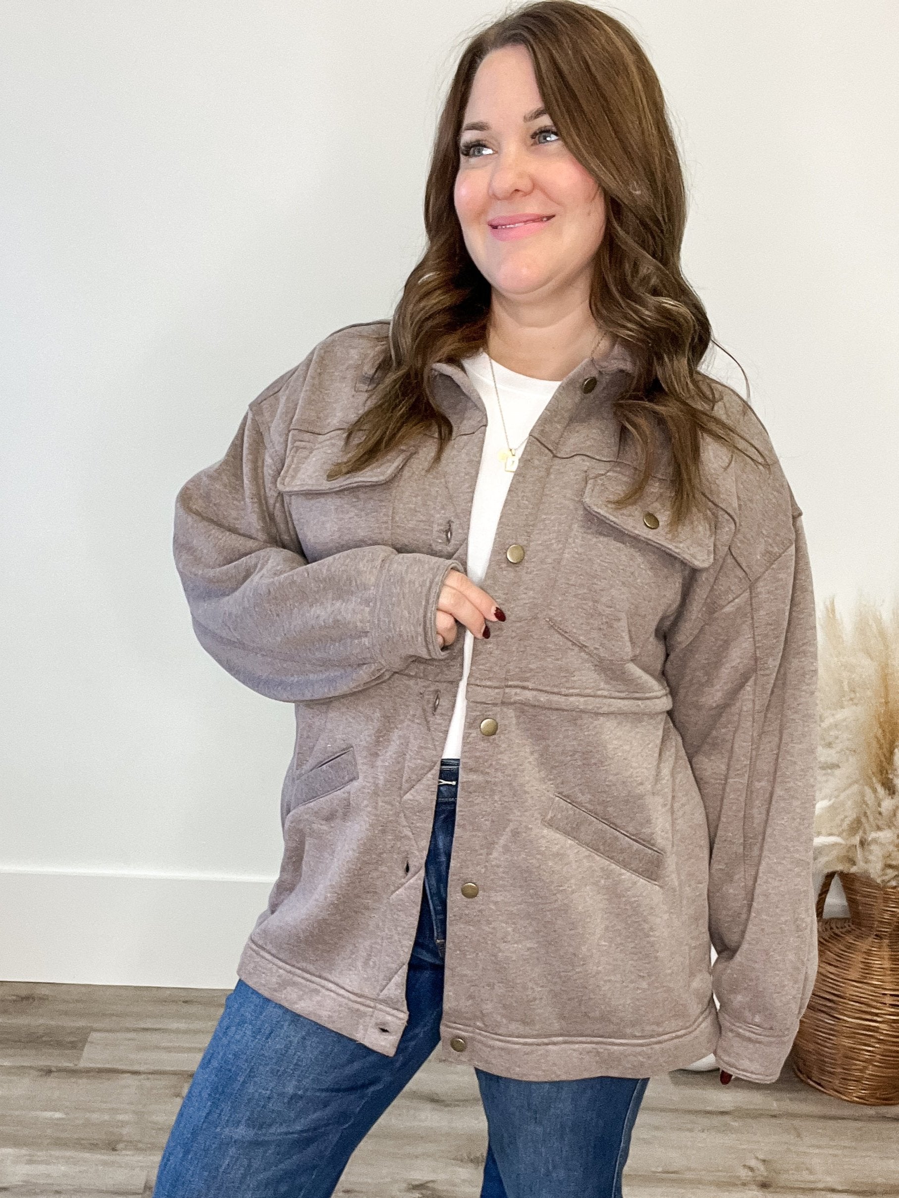 Fleece Terry Jacket - Mocha-Sweater- Hometown Style HTS, women's in store and online boutique located in Ingersoll, Ontario